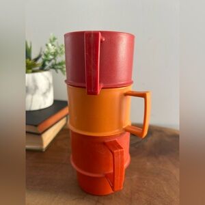 Set of 3 1970s Tupperware stackable cups mugs with handles harvest colours